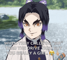 a girl with purple hair and a cat ear is talking about when they call you sir thru the drive thru