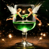 two fairies are holding glasses of green liquid in a glass