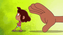 a cartoon of a girl being pushed by a giant hand