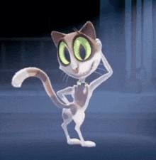 a cartoon cat with green eyes and a bow tie is standing on its hind legs