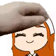 a person is petting a cartoon girl 's head with their hand .