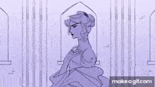 a black and white drawing of a woman in a purple dress .