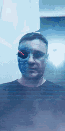 a man is wearing glasses and a mask with a red light coming out of it