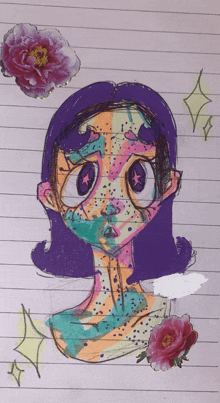 a drawing of a girl with purple hair and flowers around her