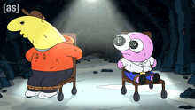 two cartoon characters are tied up in chairs with the letters [ as ] on the bottom right