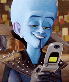 a cartoon character holding a flip phone and smiling