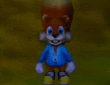 a squirrel wearing a blue jacket and yellow shoes is standing in a field .