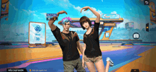 a man and a woman are standing next to each other in front of a scoreboard that says 38
