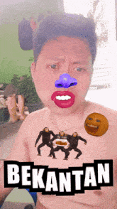 a shirtless man with monkeys on his chest and the word bekantan on the bottom
