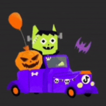 a purple truck with a green monster and a pumpkin in it .