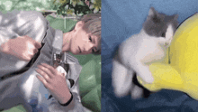 a man is holding a gun next to a kitten