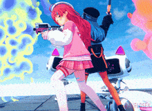 two anime girls are standing next to each other and one has a gun in her hand