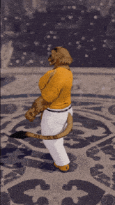 a lion in a yellow shirt and white pants is standing on a tile floor