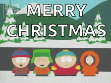 a south park cartoon says merry christmas with a snowy background