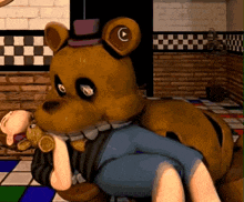 a cartoon of a teddy bear holding a person .