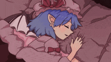 a cartoon of a girl with blue hair sleeping