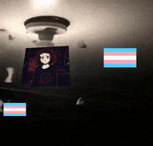 a picture of a girl with a circle around her head is surrounded by a transgender flag