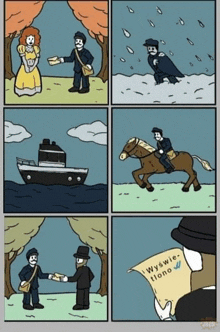 a cartoon shows a man riding a horse and a man giving a letter