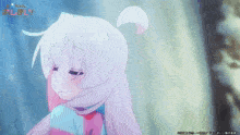 a girl with white hair and a scarf around her neck has a foreign language written above her head