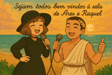 a cartoon of a man and a woman singing into microphones