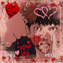 a drawing of a man kissing another man 's cheek with the words love you written on it