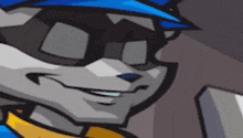 a cartoon raccoon wearing sunglasses and a blue hat is smiling