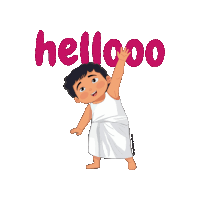 a cartoon illustration of a boy waving with the word hellooo behind him