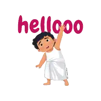 a cartoon illustration of a boy waving with the word hellooo behind him