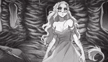 a black and white drawing of a woman in a white dress
