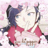 a boy with blue hair is holding a pink purse and giving a peace sign surrounded by pink flowers .