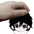 a hand is putting a cartoon character 's head on top of another cartoon character 's head .
