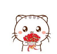 a cartoon cat holding a bouquet of red roses in its mouth