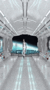 a man in a space suit is walking through a futuristic space station