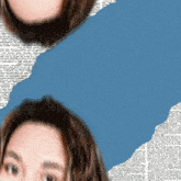 a close up of a woman 's face against a blue background with white text
