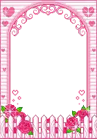 a pink frame with roses and hearts on it .