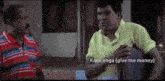 a man in a yellow shirt talks to another man in a red and blue striped shirt