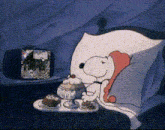 a cartoon of snoopy in bed with a tray of food
