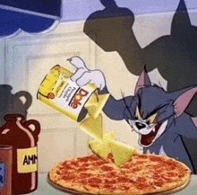 tom and jerry are pouring cheese on a pizza in a cartoon .
