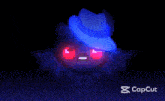 a pixel art of a bat with red eyes and a blue hat