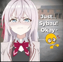 a picture of a girl with the words just sybau okay written on it
