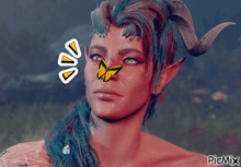 a picture of a woman with horns and a butterfly on her nose has the watermark picmix