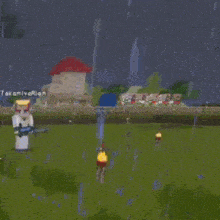 a person is playing a video game in the rain while another person looks on .