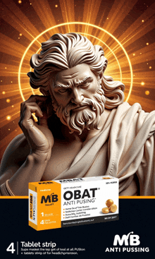 a box of obat anti pusing tablets with a statue of zeus behind it
