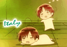 a cartoon of a boy laying on the floor with the word italy above him