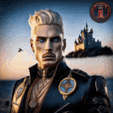 a man with white hair and blue eyes is wearing a black jacket and gold necklaces and has the word bulley on his chest