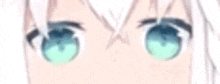 a close up of a anime girl 's eyes with white hair and green eyes .