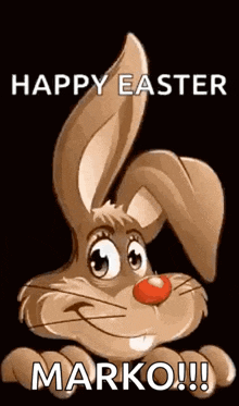 a cartoon easter bunny with a red nose and the words `` happy easter marko !!! ''