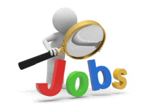 a man holding a magnifying glass over the word jobs