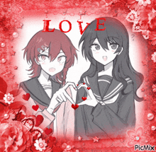 two anime girls making a heart shape with their hands with the word love above them