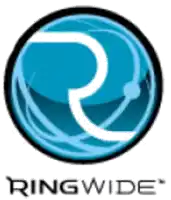 a logo for ringwide shows a blue circle with a white letter r on it